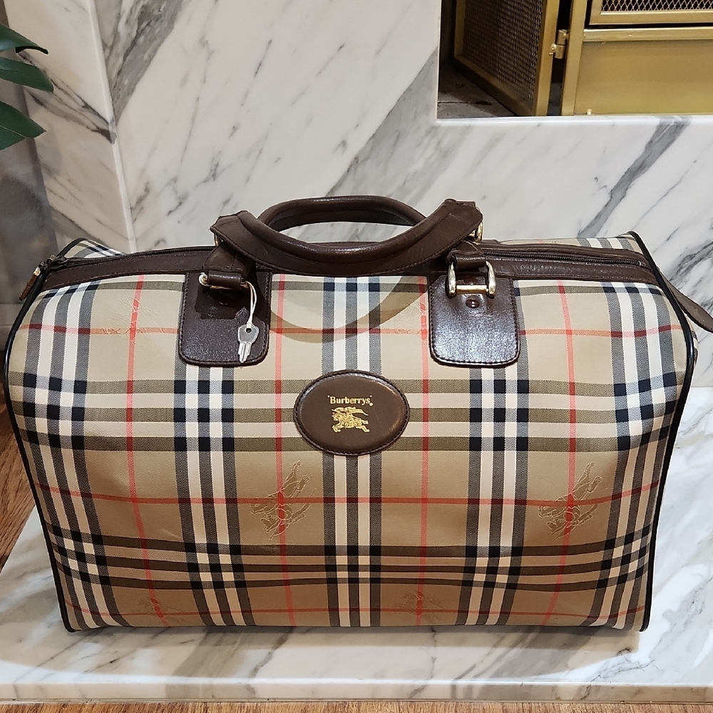 Burberry Tan and Brown Duffel  Travel Bag with Iconic Design - Picture 12 of 16